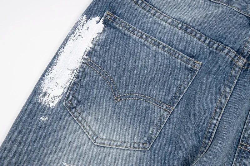 Retro Washed Spliced Denim High Brand Jeans