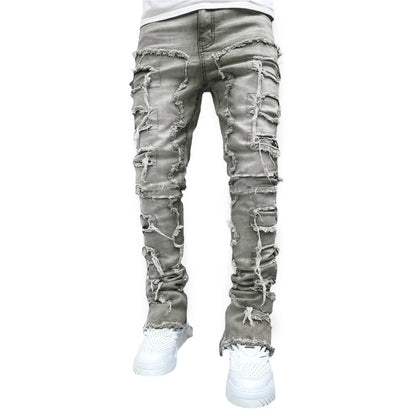 Men Skinny Pants Vintage Patch Frayed Denim