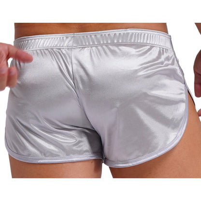 Men Side Split Satin Shorts Built-in Bulge