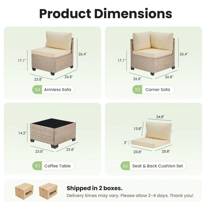 7-Piece Outdoor Rattan Sectional Sofa with Tempered Glass
