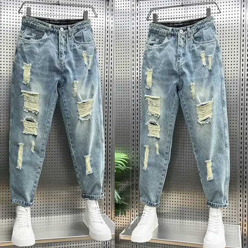 Men's Jeans Torn Broken Ripped Cowboy Pants