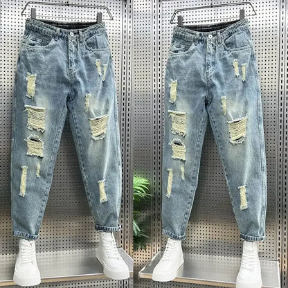 Men's Jeans Torn Broken Ripped Cowboy Pants