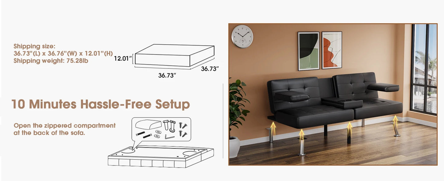Leather Futon Couch with Removable Armrests