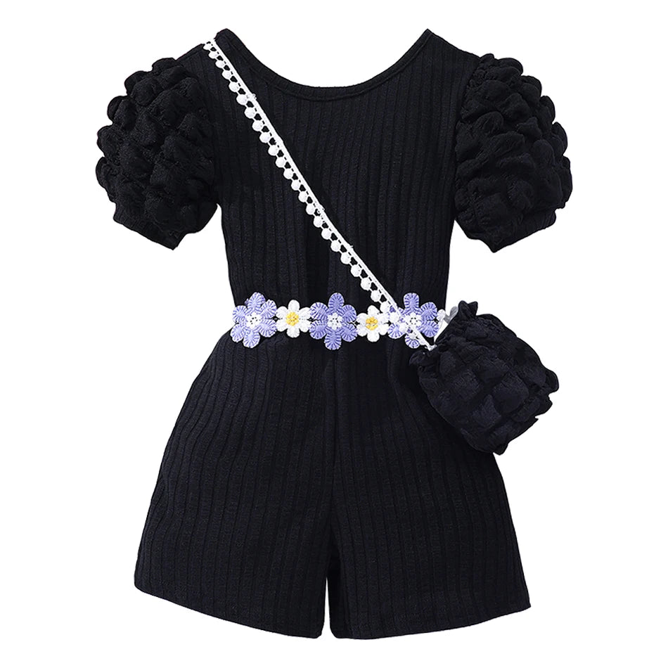 Girls Bubble Sleeve Ribbed Short Romper Set