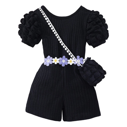 Girls Bubble Sleeve Ribbed Short Romper Set