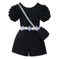 Girls Bubble Sleeve Ribbed Short Romper Set