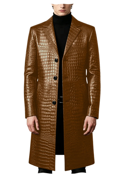 Men's Crocodile Leather Trench Coat Luxury Long