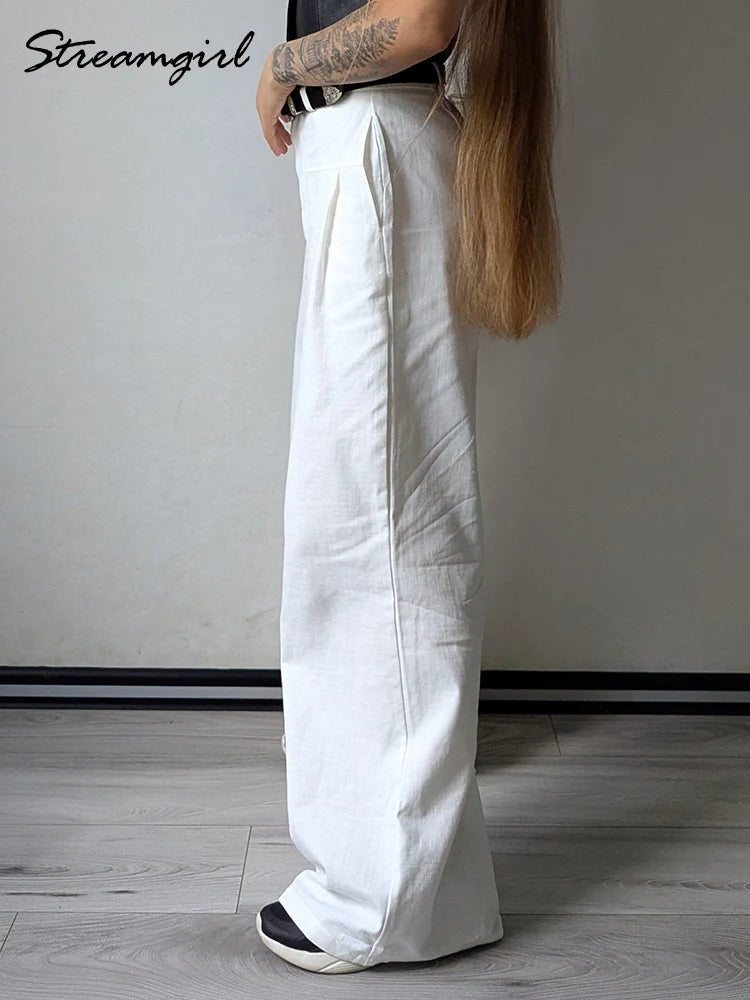 White Pants For Women Cotton Formal High Waist