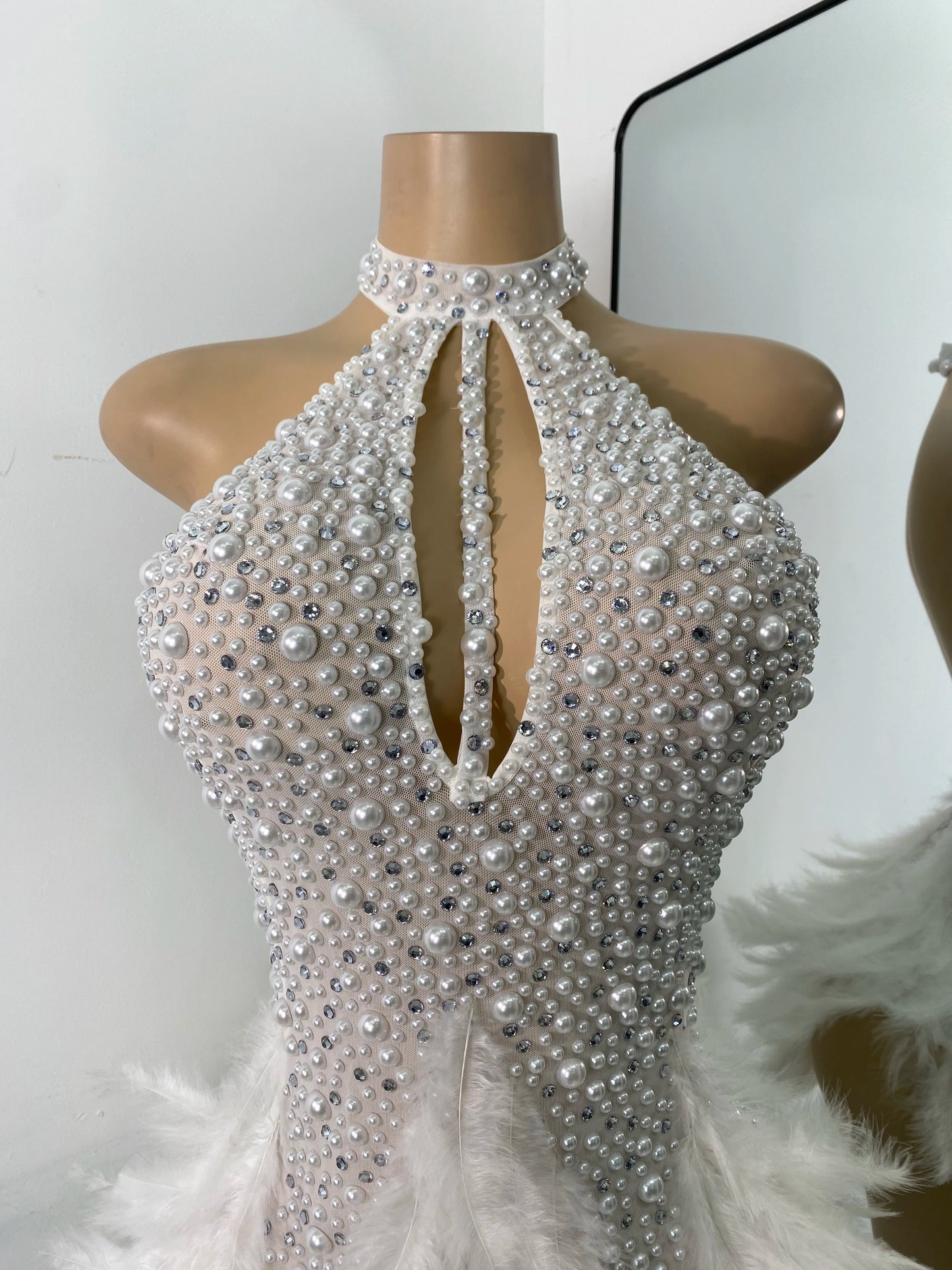 Women Sexy Halter Beading Feather Tight Bodysuit