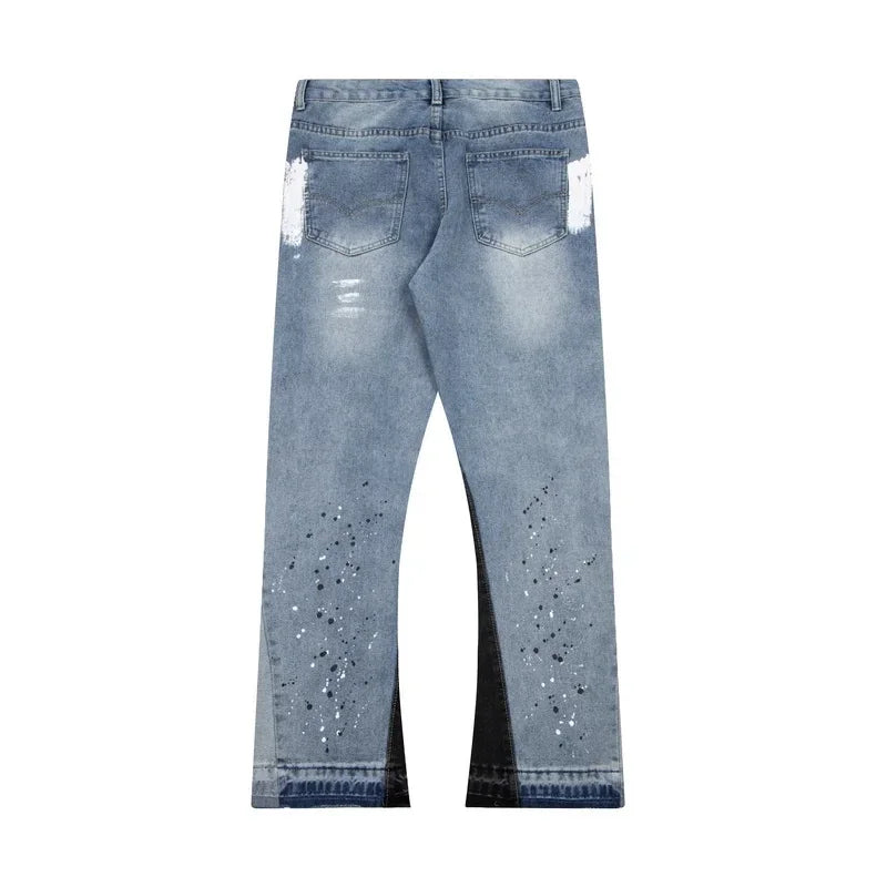 Retro Washed Spliced Denim High Brand Jeans