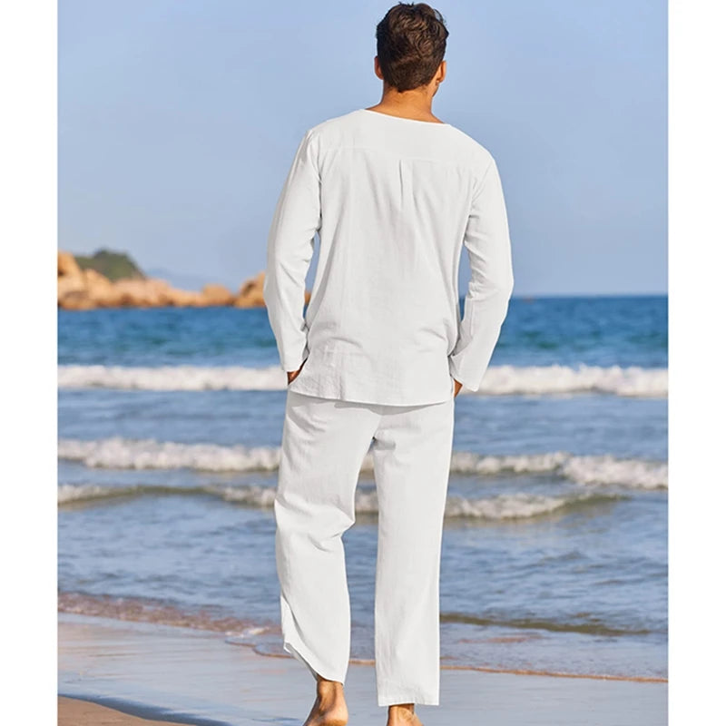 2 Pcs Men Henley Shirt Elastic Waist Drawstring Pants
