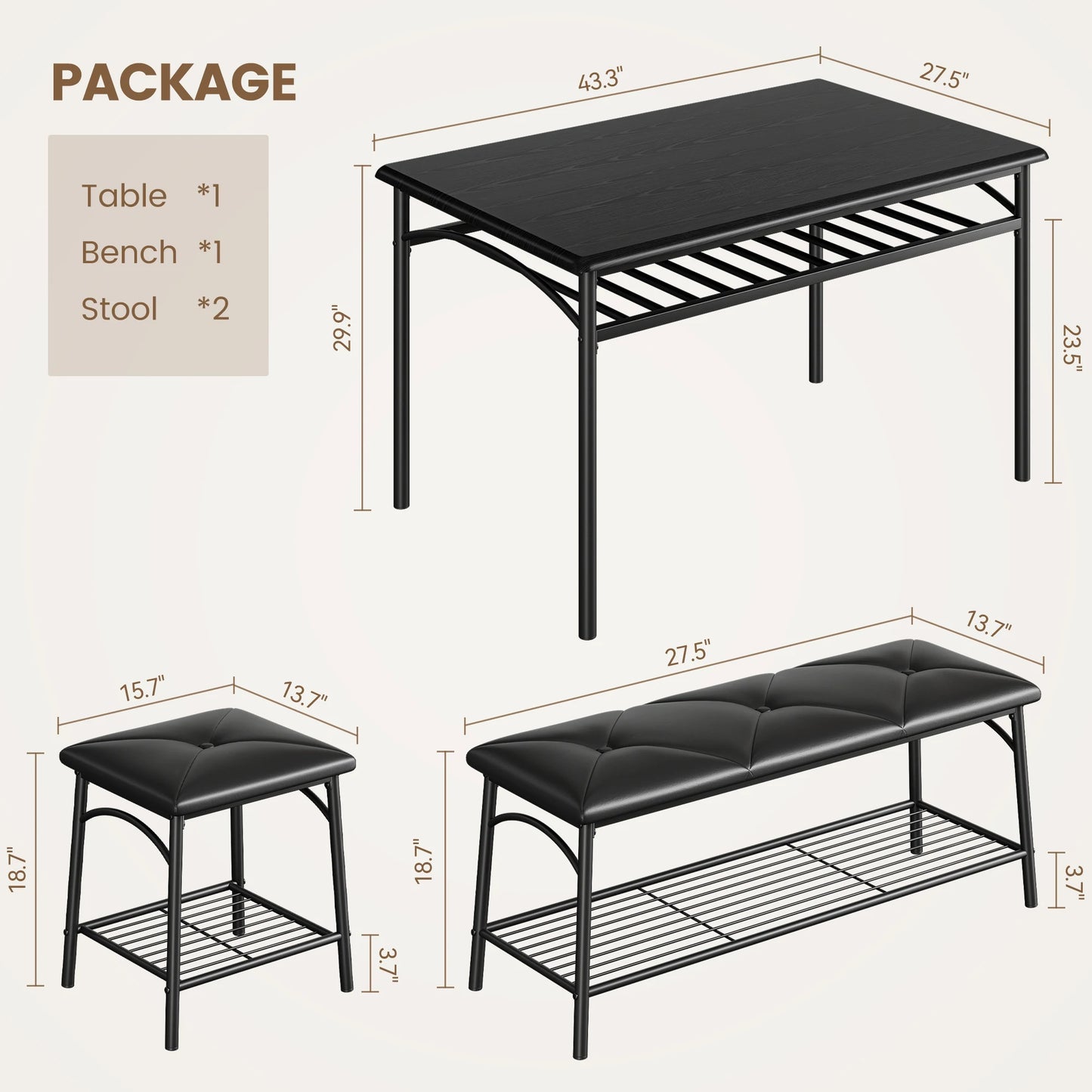 Table Set with Upholstered Bench and 2 Stool