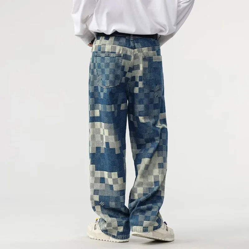 Mosaic Checkerboard Printed Jeans Men Fashion Loose