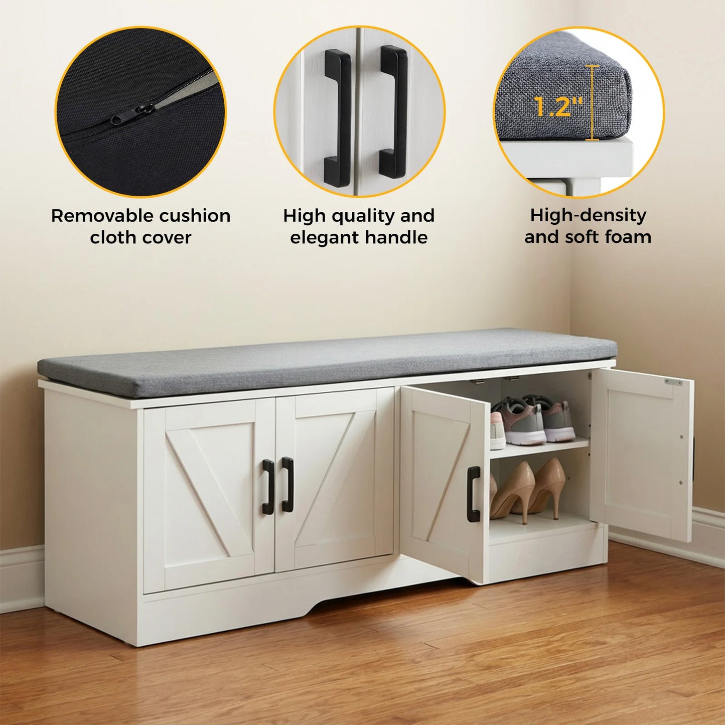 Storage Bench with Padded Seat Cushion 2 Doors