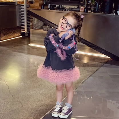 Girls' Casual Stylish Patchwork Tulle Hoodie Dresses