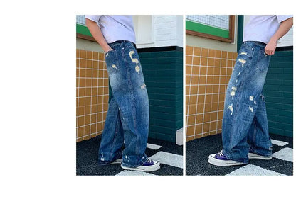 Men's Wide-Leg Jeans Retro Trendy Distressed