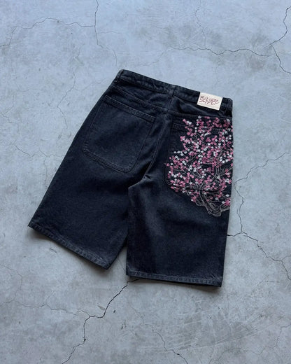 Clouds Pattern Pocket Embroidery Denim Baggy Shorts