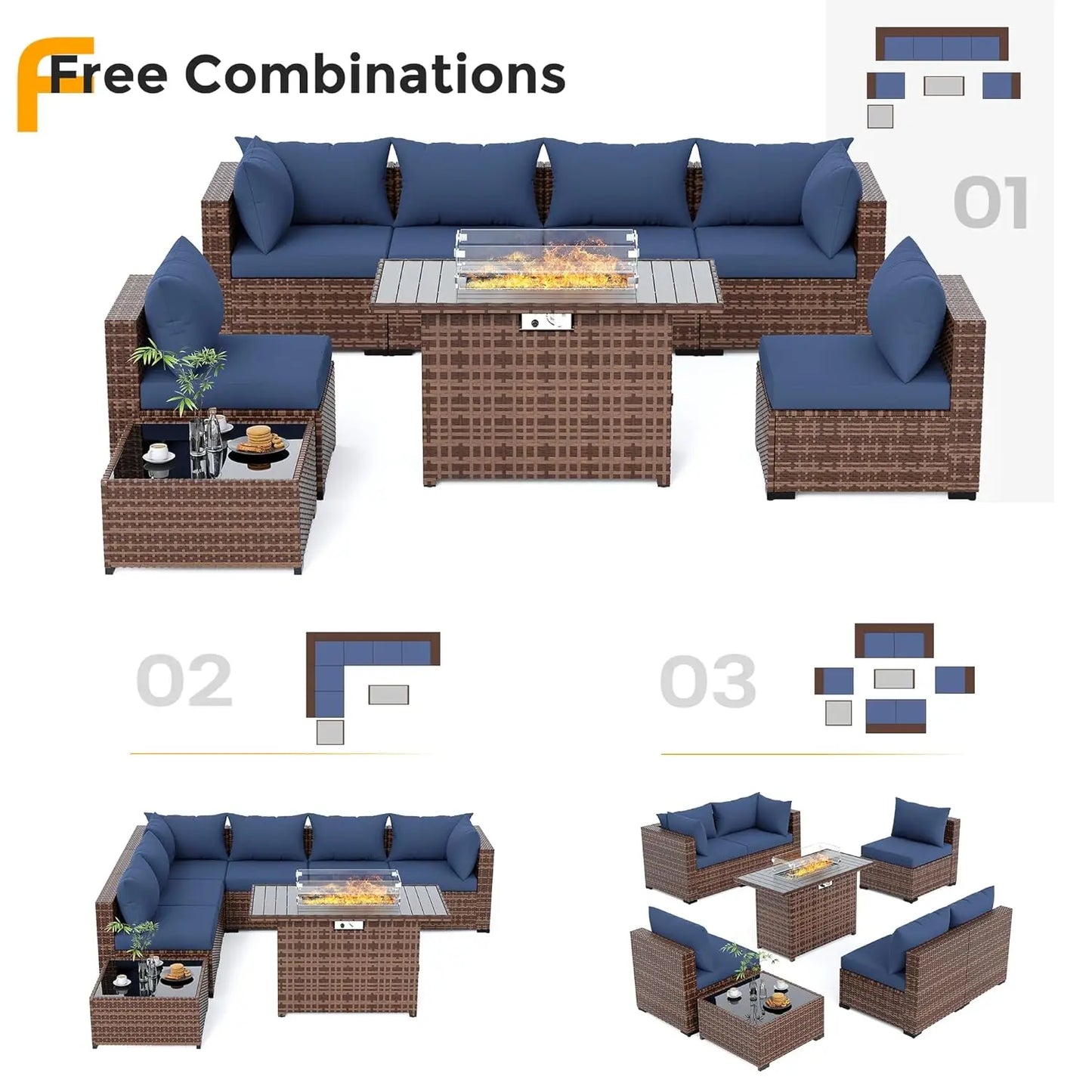 8 Piece Sectional Sofas, All-Weather With Fire Pit