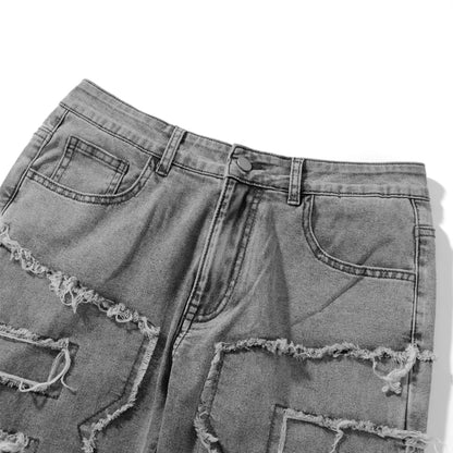 Men Skinny Pants Vintage Patch Frayed Denim