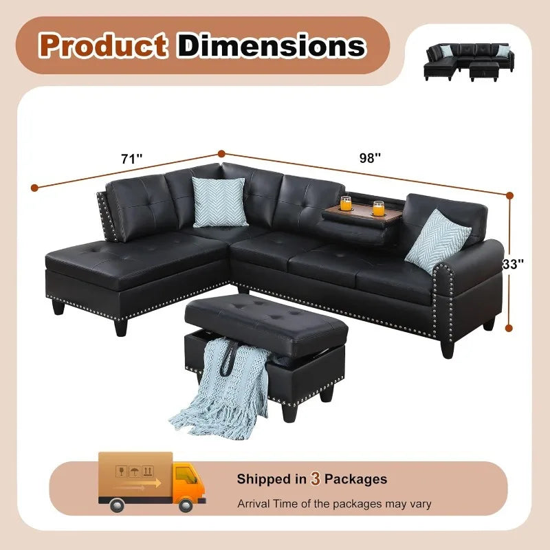 L Shaped Couch 3-Piece Sectional Sofa Set, Classic Black