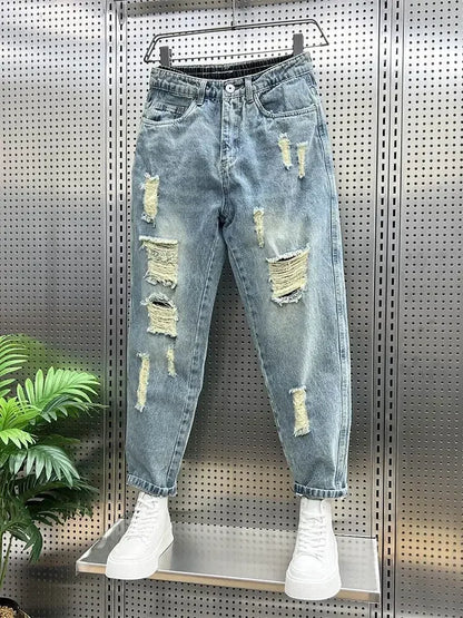 Men's Jeans Torn Broken Ripped Cowboy Pants
