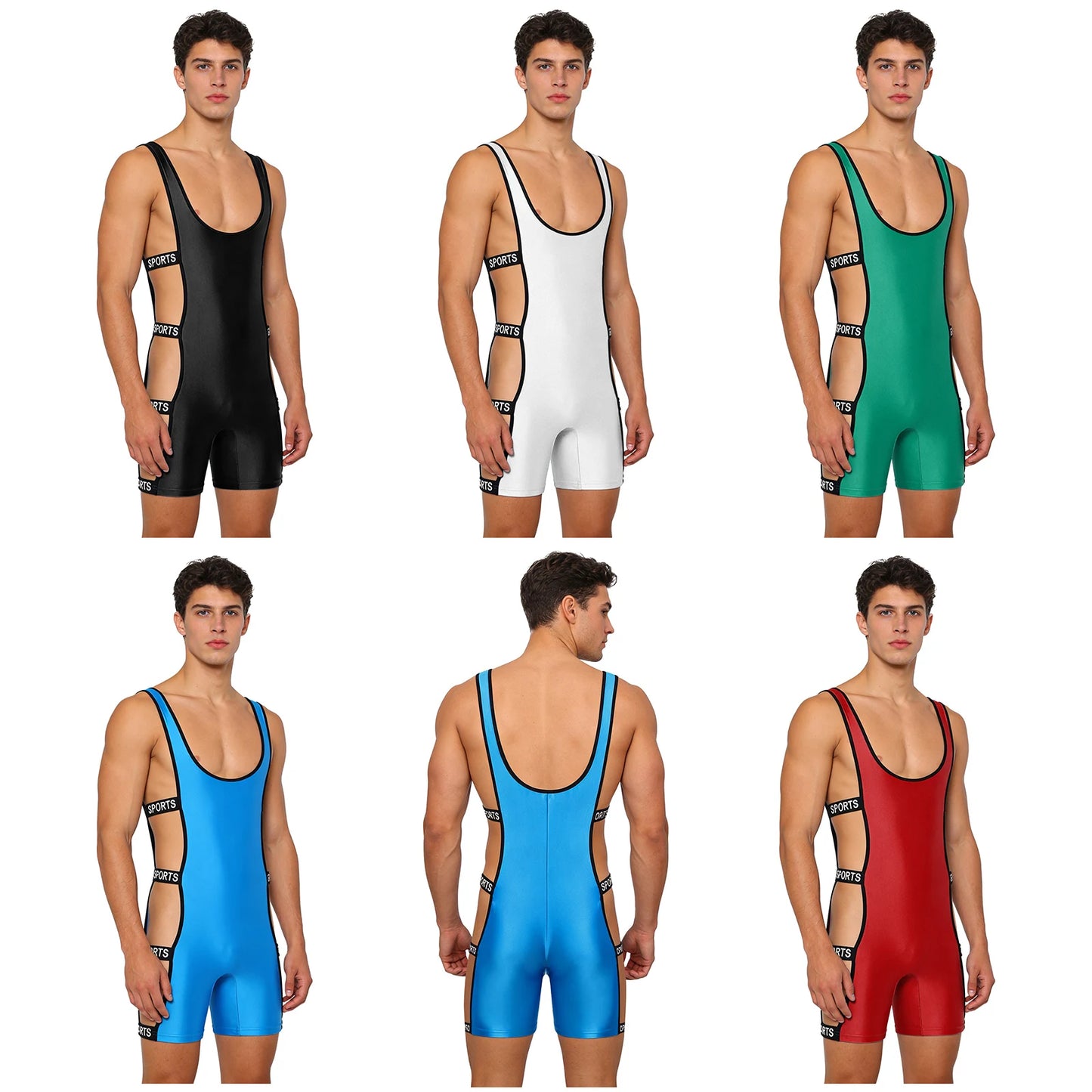 Mens Oil-shiny Workout Bodysuit Low Neckline