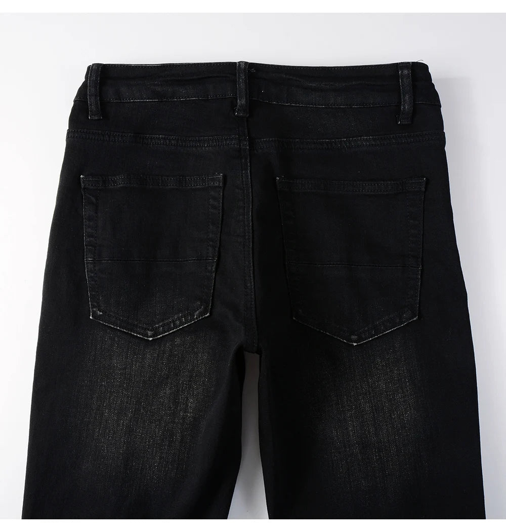 Men's White Pleated Patch Denim Jeans Streetwear
