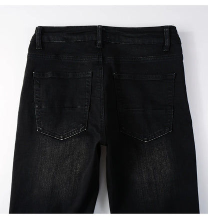 Men's White Pleated Patch Denim Jeans Streetwear