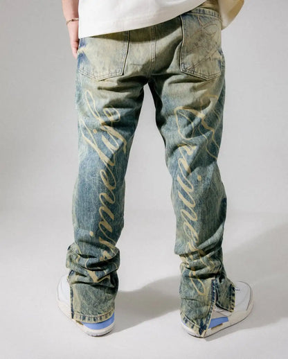 Distressed Color Star English Design Slim Fit
