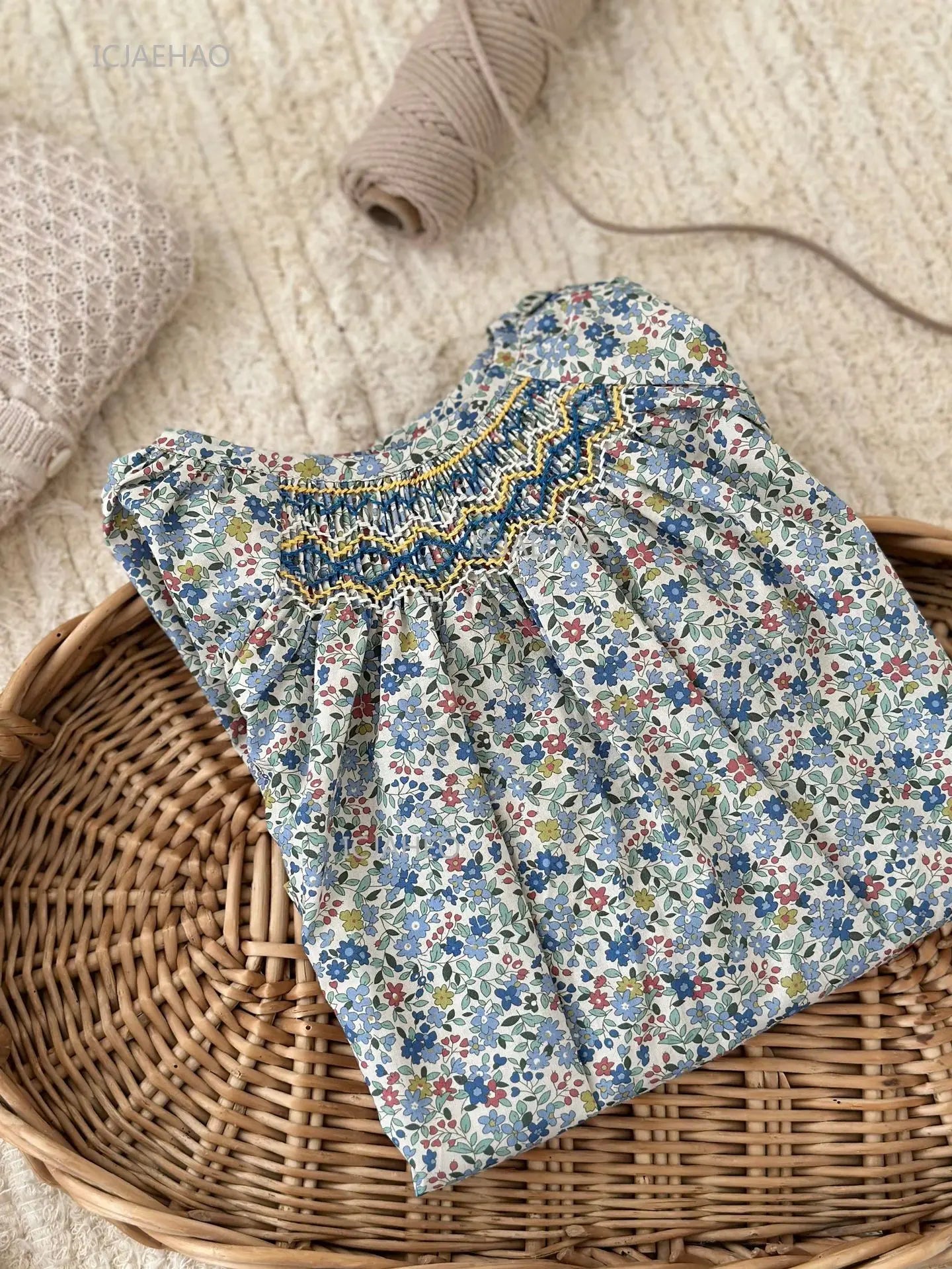 Girls Printed Hand Smocked Blouse Cotton Shirt