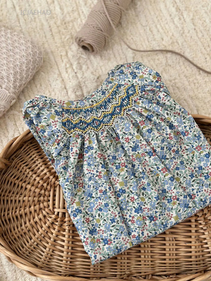 Girls Printed Hand Smocked Blouse Cotton Shirt