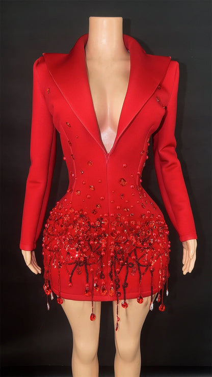 Sparkly Crystal Pearls Mini Dress Luxury Red Fashion