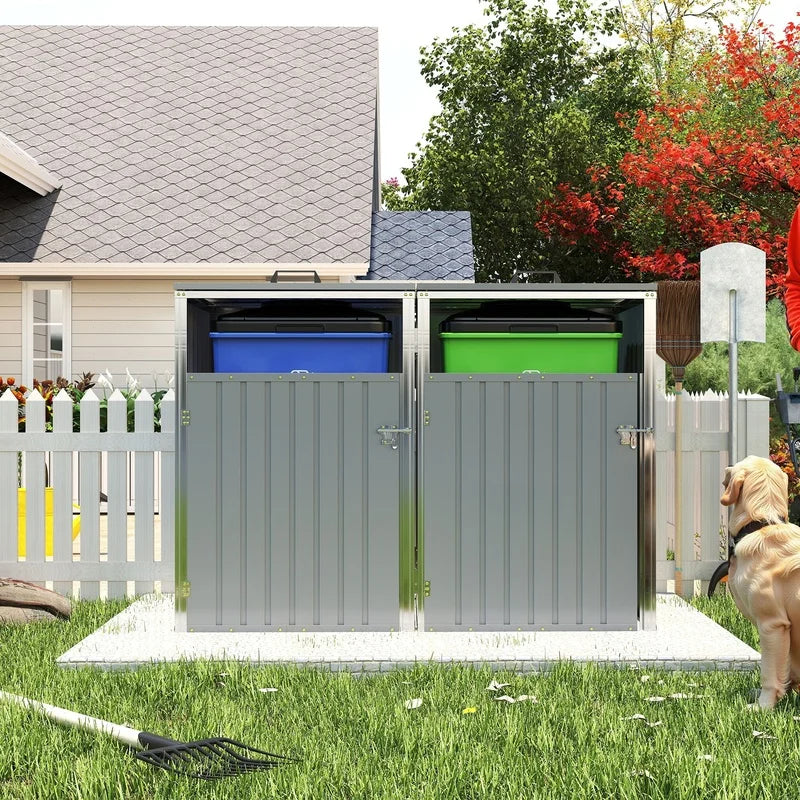 Outdoor Garbage Bin Shed with 54 cu ft Storage, Stainless Galvanized Steel, Grey, for Garden Yard Use