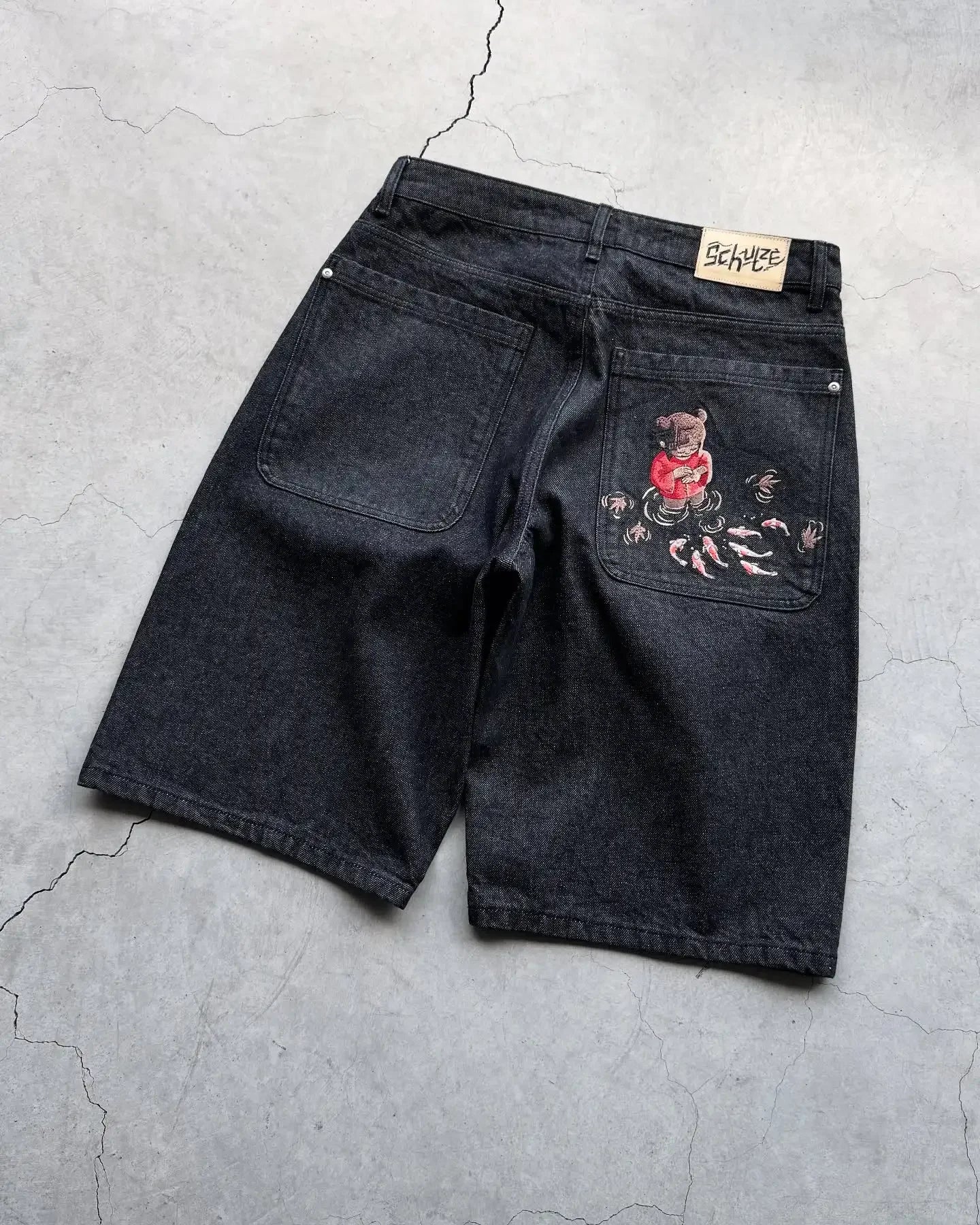Clouds Pattern Pocket Embroidery Denim Baggy Shorts