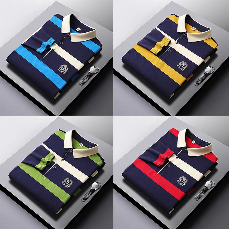 Men Polo Shirt Cotton Long Sleeve Stripe