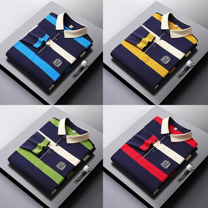 Men Polo Shirt Cotton Long Sleeve Stripe