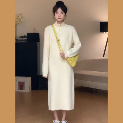 Plain Long Polo Collar Woman Knitted Dress