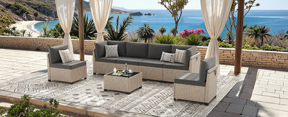 7-Piece Outdoor Rattan Sectional Sofa with Tempered Glass