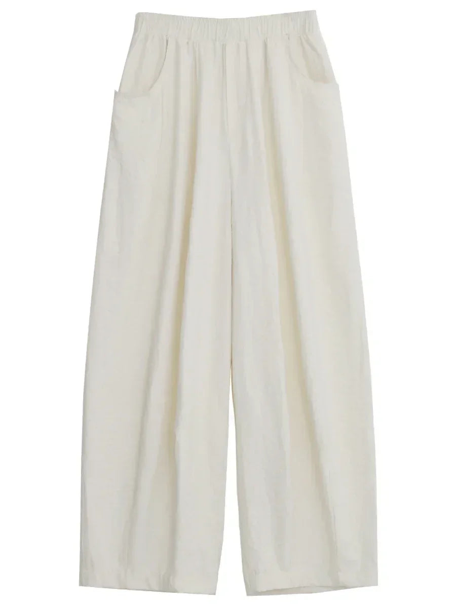 White Pants Casual Elastic High Waisted Womens