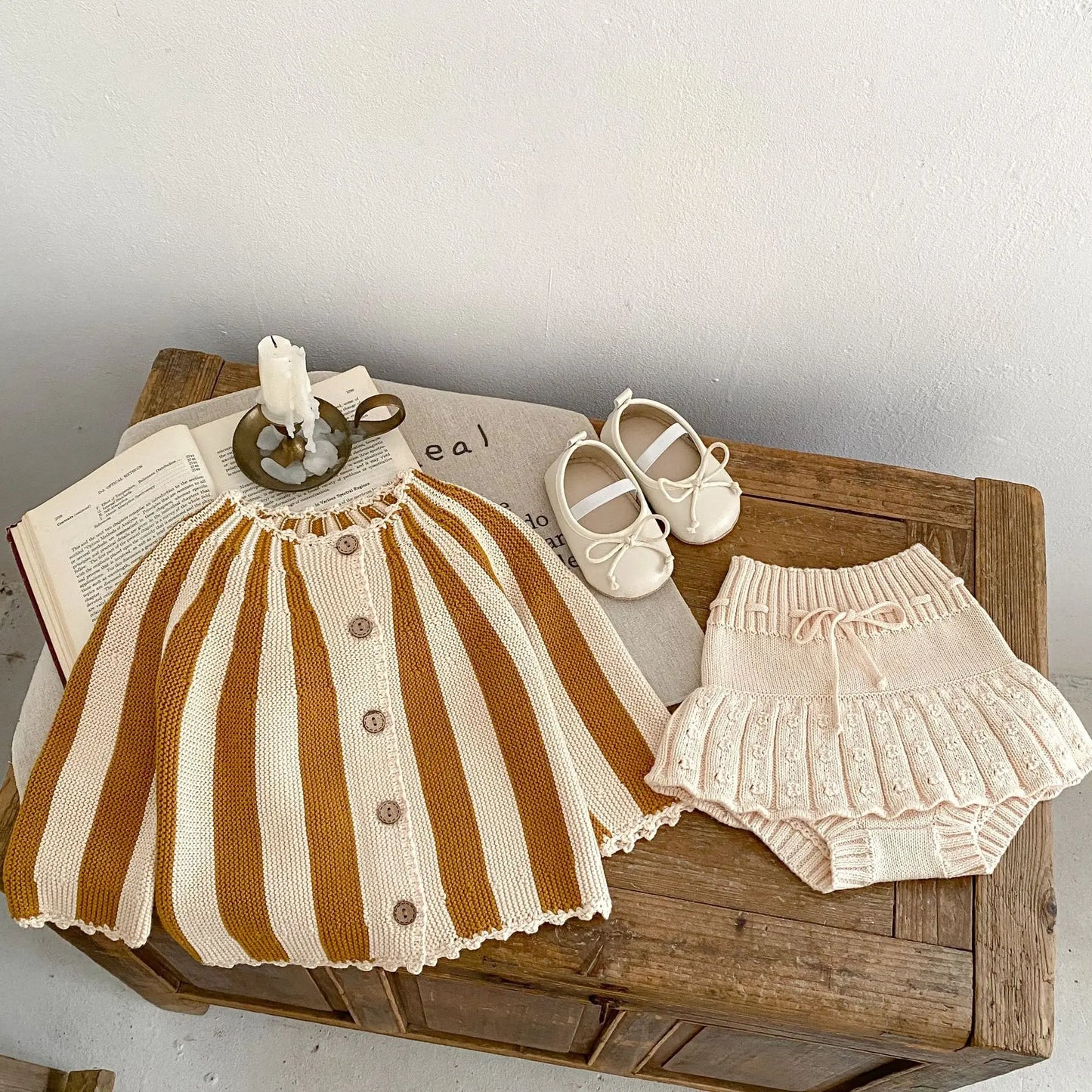 2 Pcs Baby Girls Long Sleeve Striped Cardigan Coat+ Shorts