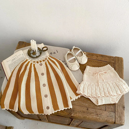 2 Pcs Baby Girls Long Sleeve Striped Cardigan Coat+ Shorts