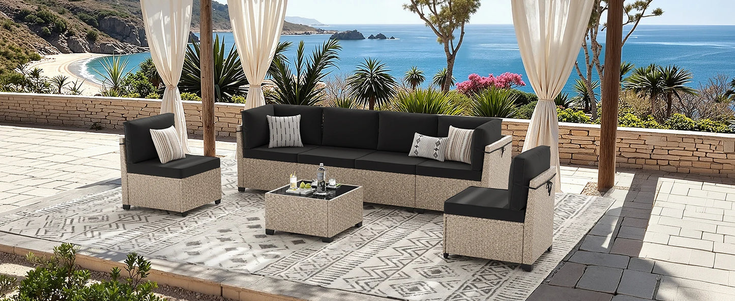7-Piece Outdoor Rattan Sectional Sofa with Tempered Glass