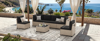 7-Piece Outdoor Rattan Sectional Sofa with Tempered Glass