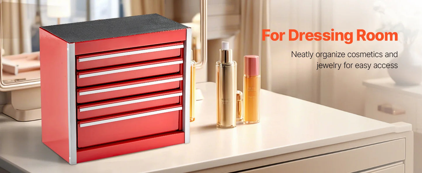 5-Drawer Metal Tool Box Red/Black Portable Tools Storage