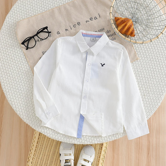 Boys' White Long Sleeve Shirt Embroidery Casual