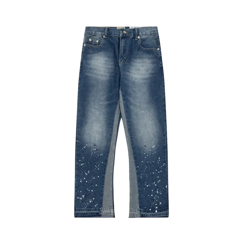 Retro Washed Spliced Denim High Brand Jeans