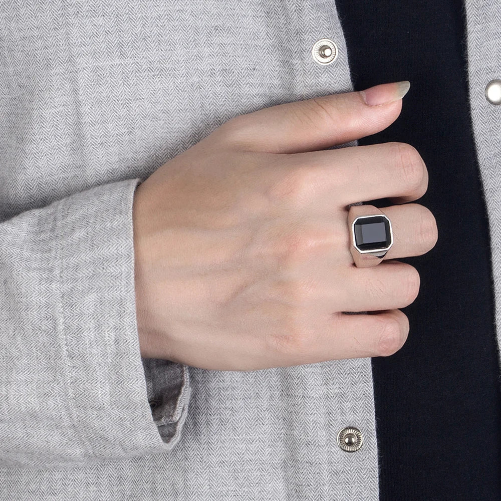Sterling Silver Men Black Onyx Square Ring