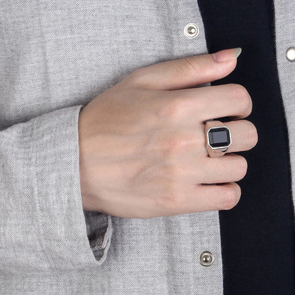 Sterling Silver Men Black Onyx Square Ring