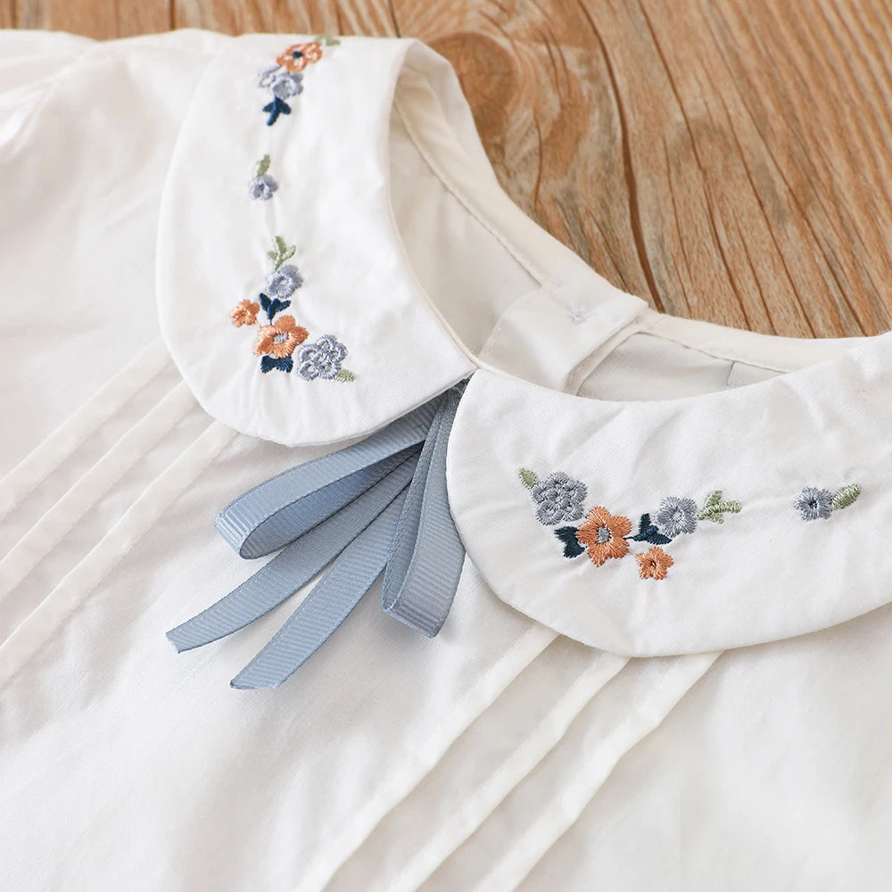 Girls' White Blouse Floral Embroidered Collar Bow