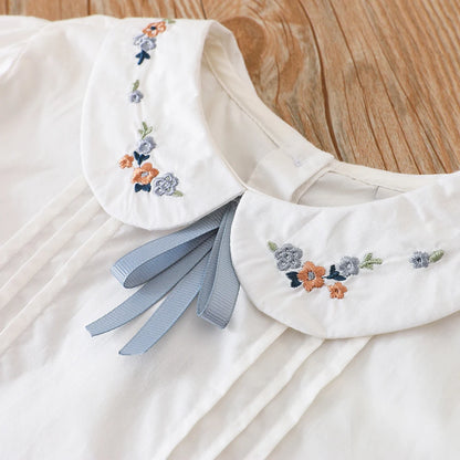 Girls' White Blouse Floral Embroidered Collar Bow